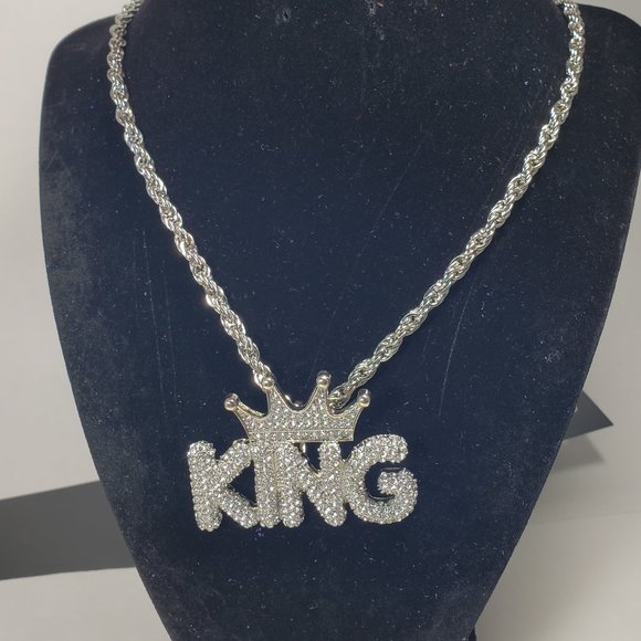 Jewel House Silver tone 30 Inches Chunky Chain Necklace KING Rhinestone Pendant - Picture 3 of 8